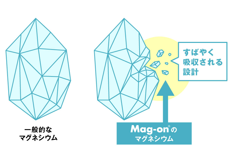 Mag-onの酸化マグネシウムは、岩を速やかに溶かし、吸収の入り口までエスコートする特別な「運び屋」を付けた設計。
